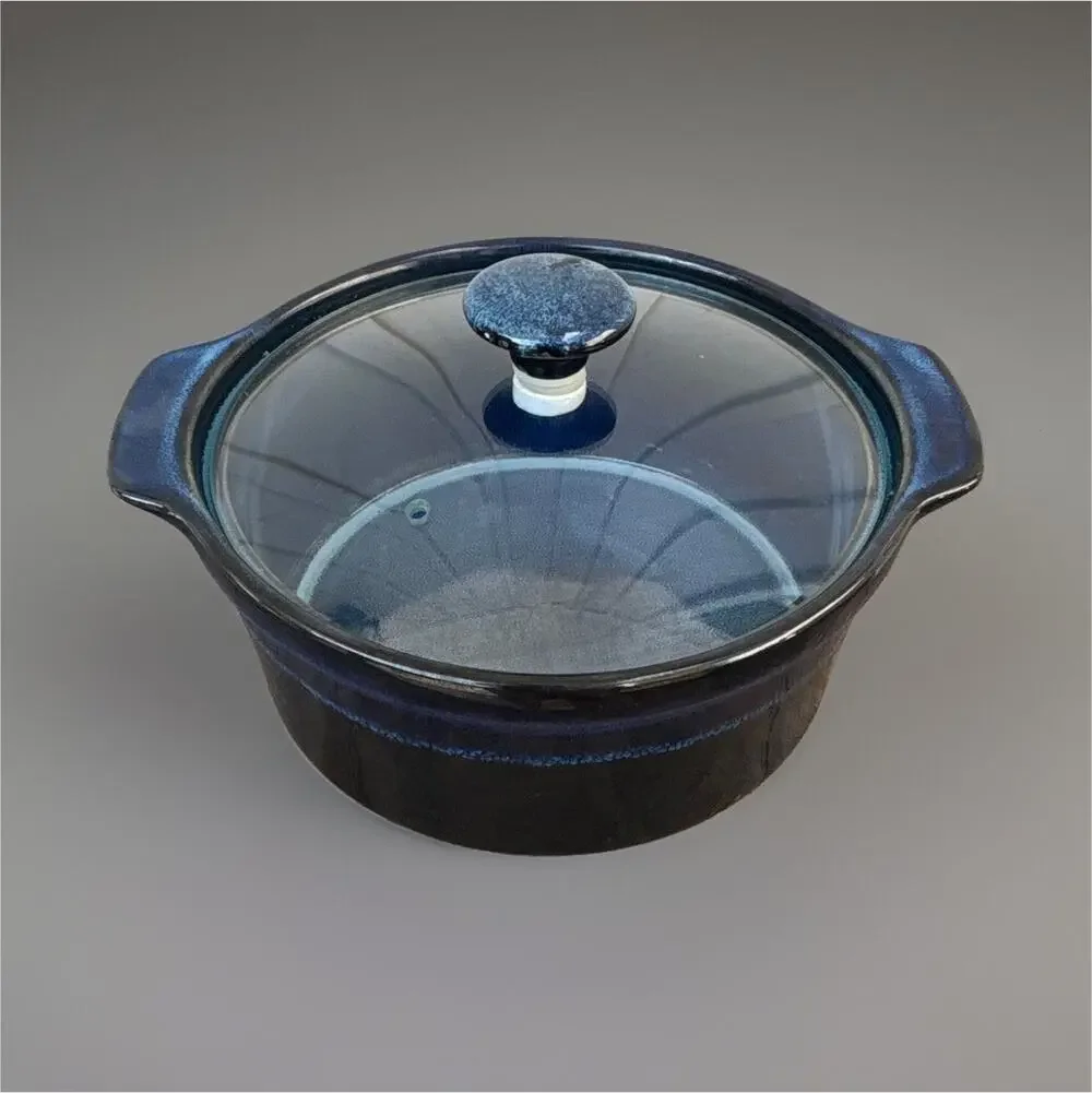 Basque 10 in Round Blue Ceramic Casserole Dish w/ Lid & Handle Glossy